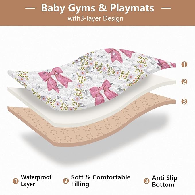 Baby Play Mat Bows Small Flowers Checkered Pink 50 x 50 Playpen Mat Baby Play Mats for Floor Play Gym Crawling Mat Non-Slip Cushioned Baby Playmat for Infants, Babies, Toddlers