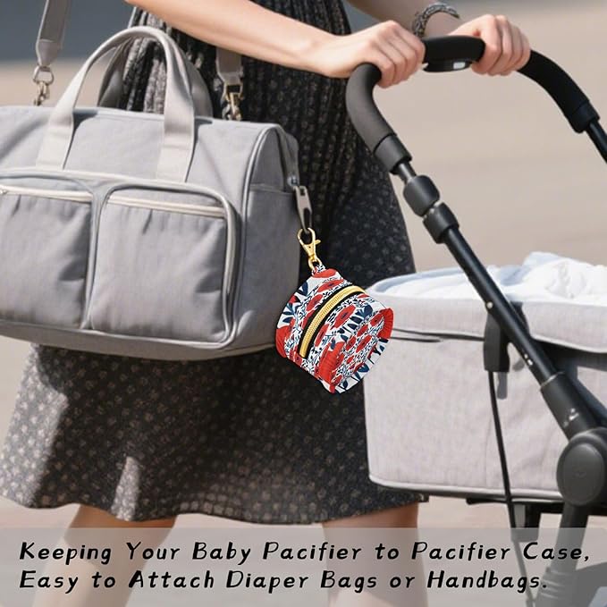 Pacifier Holder with Clip Pacifier Case for Diaper Bag Round Baby Pacifier Pouch Box Bag Portable Red Poppy and Leaves