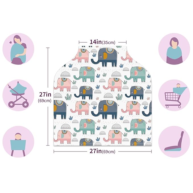 Baby Car Seat Stroller Covers Cute Elephants Nursing Cover Breastfeeding Scarf Soft Breathable Stretchy Coverage Carseat Canopy Cover for Boys and Girls Soft Breathable Multi Use