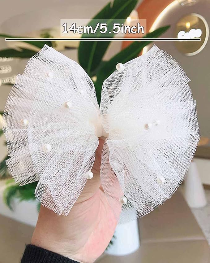 4PCS Ivory Tulle Hair Bows for Toddler Girls Cute Pearls Hair Clips Sweet Flower Girl Hair Accessories for First Communion Party Daily Wearing