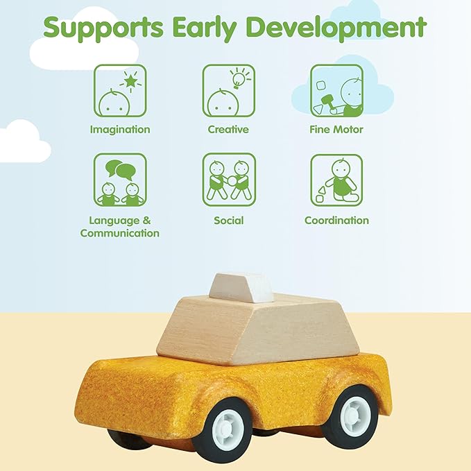 PlanToys® Yellow Taxicab Wooden Montessori Vehicle Toy | Early Movement, Imagination and Practical Life Exploration | Eco Friendly Taxi for Indoor and Outdoor Play