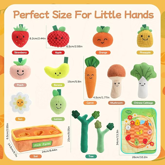 Mini Tudou Baby Toys 6-12 Months-Fruits Veggies Farm Stuffed Toys 15PCS-Sensory Educational Toy Mushroom Carrot with Rattle Squeaker Crinkle Texture Color Shape Number Matching Gifts