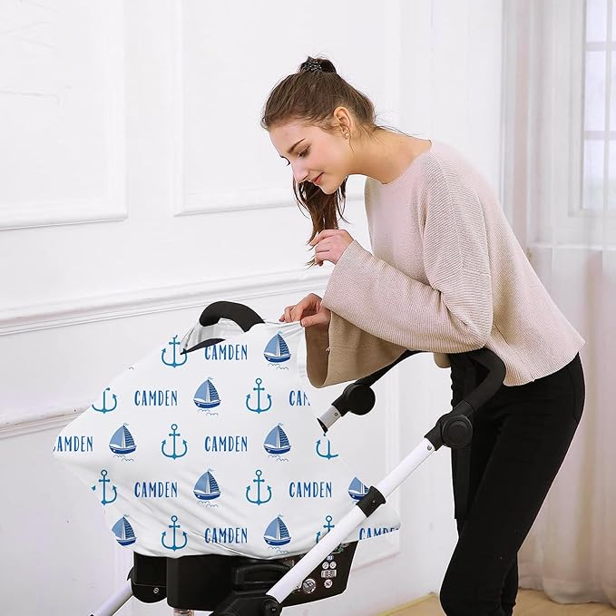 Personalised Infant Car Seat for New Parents - Baby Carseat Cover, Breast Feeding Cover, Blue Sailboat Pattern Multi-Function pad for Boys Girls Toddlers - Christmas Gift for Parent Babies(27"x29")