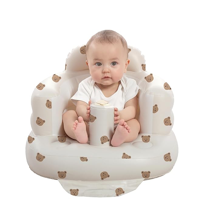 AGITVPS Inflatable Seat for Babies 3-36 Months, Built in Air Pump Baby Chair Sit Me up Floor Seat for Baby, Bumbo Seat for Learning to Sit, Feeding, Camping (Bear)
