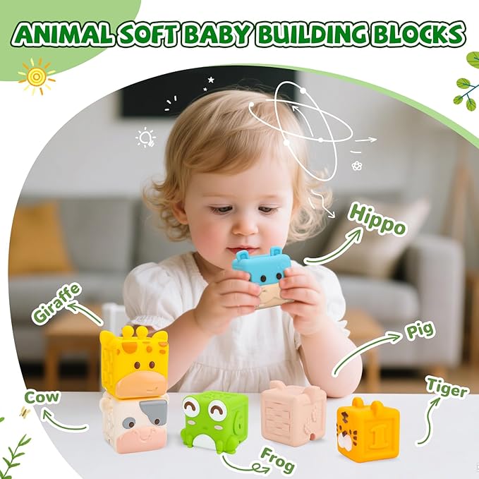 Animal Soft Baby Blocks,Silicone Squeeze Building Blocks Stacking Toys for 6+ Months Babies,Early Learning Touch Education Toys with Numbers Animals Fruits Texture Baby Gifts Easter Basket