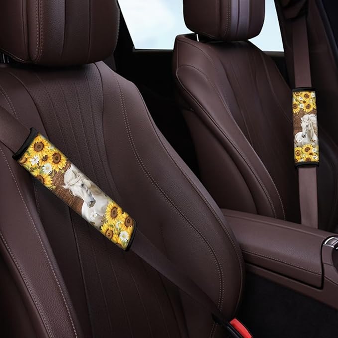 AFPANQZ Two Pack Car Seat Belt Pads Covers Harness Horse Sunflower Print 1 Pair/Set Safety Seatbelt Cushion Pads Kit Shoulder Straps Pads for Bags