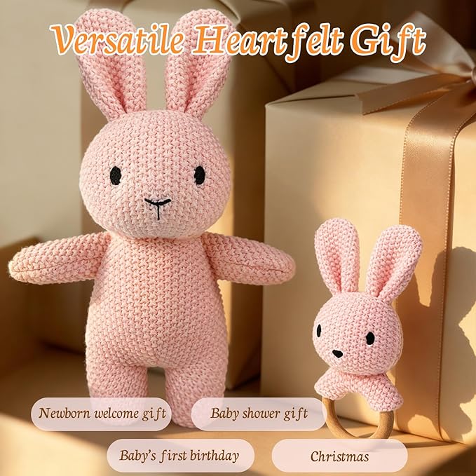 12" Handmade Crochet Rabbit Stuffed Animal, Baby-Safe Cotton Plush with Rattle, Hypoallergenic Toy for Newborns 0-12 Months, Ideal Baby Shower & 1st Birthday Gift