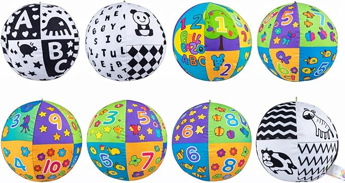 Balibazoo Double-Sided Soft Activity Ball for Babies 0-36M - High-Contrast Black & White + Colorful Numbers & ABC | Jingle Bell Sound | Educational Sensory Learning Toy | Grows with Baby | Infant Gift
