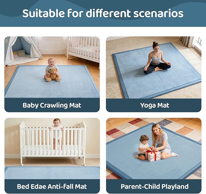 Baby Play Mat for Floor, 1.3 Inch Thick Memory Foam Tummy Time Mat with Non Slip Backing, Soft Coral Velvet 50×50 Inch Playpen Mat Crawling Tatami for Infants Toddlers Kids, Midnight Blue