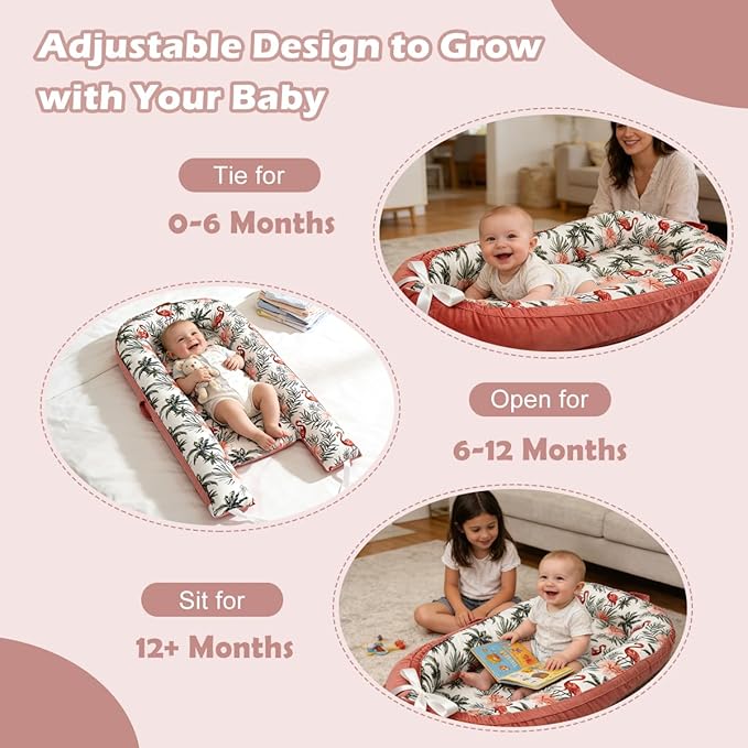 Baby Lounger-Breathable and Soft Organic 100% Cotton, Portable Infant Lounger with Removable Lounger Cover, Baby nest Lounger for Newborn - Red Flamingo