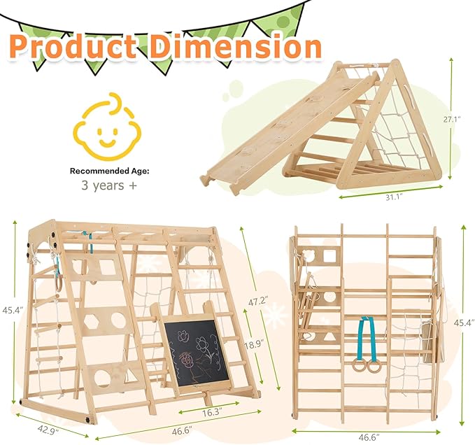 12-in-1 Toddler Playground - Foldable Kids Climbing Set with Slide, Rock/Net, Monkey Bars, Drawing Board, Swing and Pickler Set