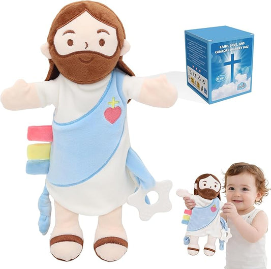 Yelakey Baby Lovey with Teether, Jesus Security Blanket with Crinkle Tags, Soft Minky Velour Newborn Girl Boy Gift with Bell for Baby Shower, Baptism or Birthday Essentials