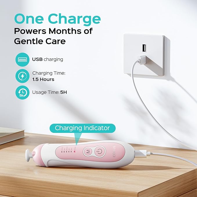 COSLUS C52 Rechargeable Baby Nail File: Cordless Baby Nail Trimmer Electric with 5 Speeds & 6 Grinding Heads for Baby Kid, CPC Certified and Quiet Design - Safe for Sleep Trim Buffer, Pink