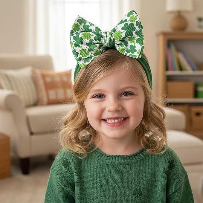 Baby Girl Bows Newborn Headband 0-6 Months Infant Big Bows for Birthday/Baby Shower/Photography/Baby Gifts (Green & four-leaf clover)