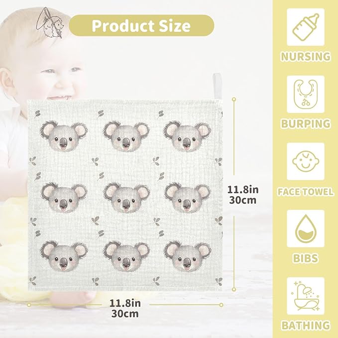 vvfelixl Cartoon Simple Koala Bear Baby Burp Cloths Baby Muslin Washcloths for Boys Girls Cotton Babys Face Towel for Newborn Infants Soft and Absorbent 11.8 X 11.8 in, 5 Pack