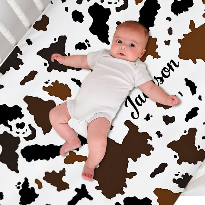 Personalized Pack and Play Sheets with Name, Custom Name Baby Mini Crib Sheets for Baby Boys Girls, Name Pack n Play, Fitted Sheet with Name, Soft and Breathable Material (Cow Print)