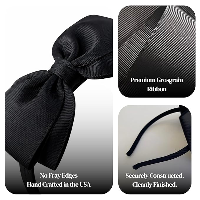 ClassExceed Black Bow Headband for Girls 3–12 – Formal & Recital Hair Bow, Solid Color Ribbon Kids Headband for Dance & Events