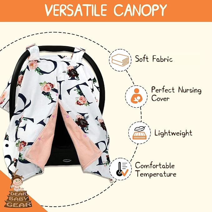 Dear Baby Gear Baby Car Seat Canopy Snap Button Opening - Carseat Canopy for Daily Use - Cover for Newborn Car Seats - Stylish Nursing Cover - Floral Alphabet/Blush Smooth, 40" x 30"