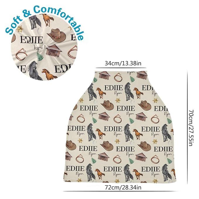 Personalized Baby Car Seat Cover for Boys Girls, Custom Cowboy Nursing Covers for Breastfeeding with Name, Infant Stroller Cover, Baby Carseat Canopy for Newborn, Multiuse Car Seat Canopies