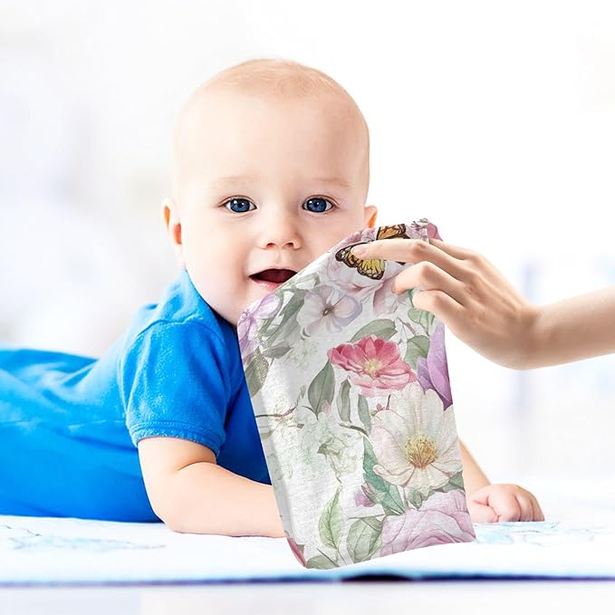 Bolaz Baby Gauze Towels for Kids Soft Handkerchief Newborn 100% Cotton Pink Rose Flower Butterfly Green Leaves Absorbent 12x12 Inch 3 Pack