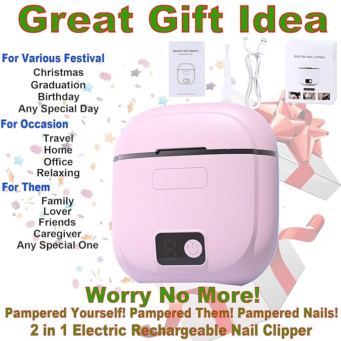 2 in 1 Electric Nails Clipper w/ Light, Automatic Nail Trimmer w/ Clip Storage, Fingernail File Cutter Rechargeable Adjustable 3 Speed, Manicure Care, Filer for Kid Caregiver Women Girl Pink