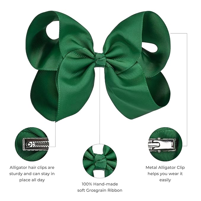 DEEKA 2 PCS 6" Big Hand-made Grosgrain Ribbon Solid Color Hair Bows Alligator Clips Hair Accessories for Little Teen Toddler Girls Kids Set of 2 -Hunter Green