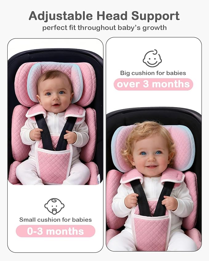 Infant Car Seat Insert Adjustable Head Support for Preemie Newborn Toddler, Reversible Baby Head Body Support Cushion for Carseats and Strollers Side Impact Protection - Pink