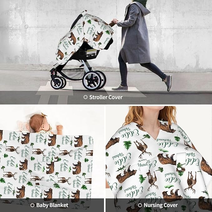 Personalized Baby Car Seat Canopy for Babies, Custom Name Woodland Deer Bear Baby Car Seat Covers for Boys Girls, Opening Minky Nursing Breastfeeding Cover for Infant, Carseat Canopies for Newborn