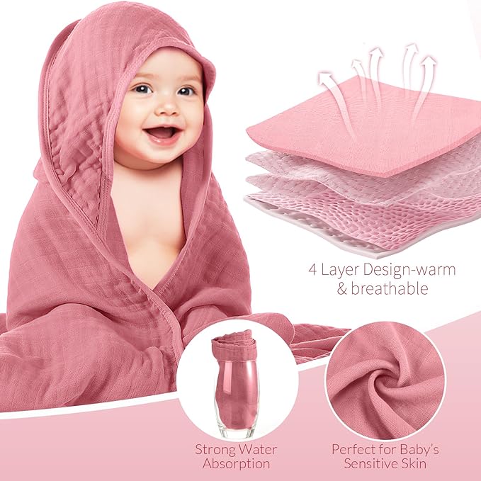 Preboun 4 Pcs Muslin Hooded Baby Towels,32"x 32" Cotton Newborn Bath Towel Muslin Infant Baby Blankets Absorbent Unisex Newborn Registry Gift for Girls Boys(Brown Series)