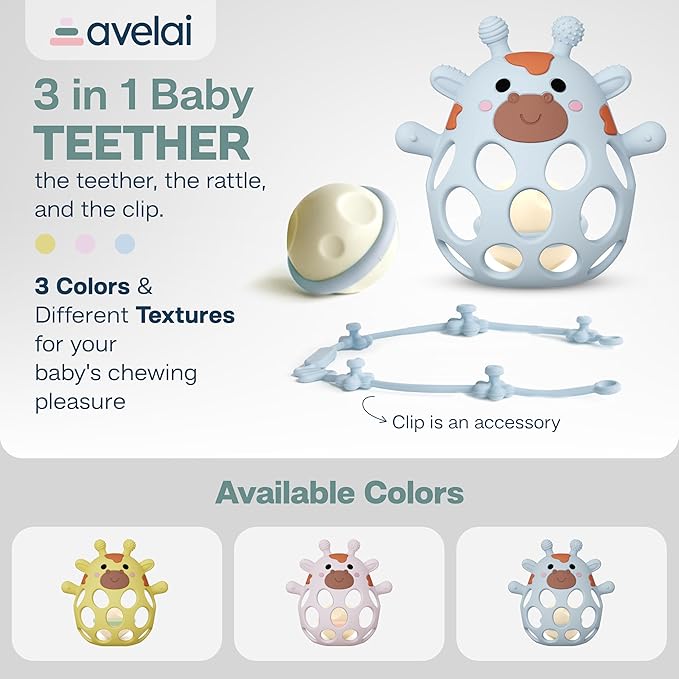 Giraffe Baby Teether with Pacifier Clip - 3 in 1 Teething Toy, Rattle & Clip Set, Food Grade Silicone BPA Free, Baby Teething Toys 3-6 Months, Baby Toys 6-12 Months