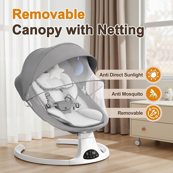 Baby Swing for Newborn to Toddler, 5 Speed Portable Infant Swing with Smart Touch Control, Remote Control, 10 Lullabies, Timer, 5 Point Harness and Soft Fabric (Grey)