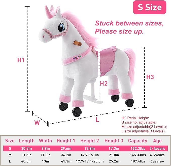 Ride on Horse Unicorn Toy for Kids Riding Horse Pony Rider Mechanical Cycle Walking Action Plush Animal for 3 to 4 Years, No Battery or Electricity,Max Load 132 LBS, Small Size