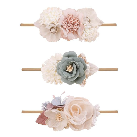 cherrboll 3pcs Baby Girl Flower Headbands, Super Soft & Stretchy Nylon Floral Hairbands for Newborn Toddler