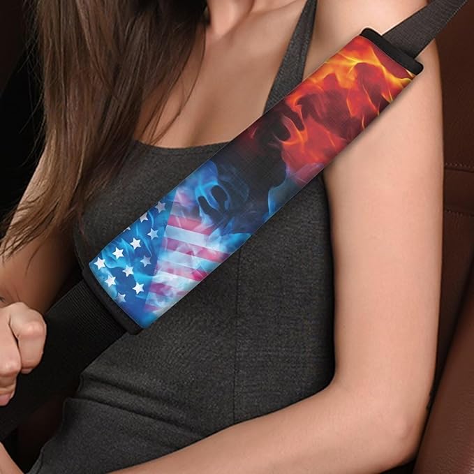AFPANQZ 2 Pack Car Seat Belt Pad Cover American Flag Fire Car Safety Seatbelt Pad Cushion Adjustable Comfortable Driving Schoolbag Straps Pads
