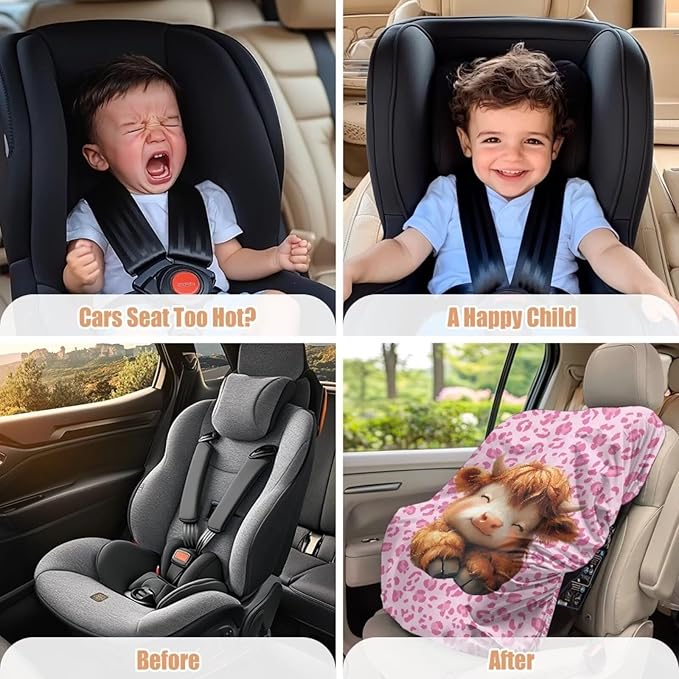 Car Seat Protector for Child Car Seat, Cute Highland Cow Car Seat Sun Cover for Baby, Pink Leopard Car Seats Heat Protector Keeps Your Toddler Baby Seat at a Cool Temperature