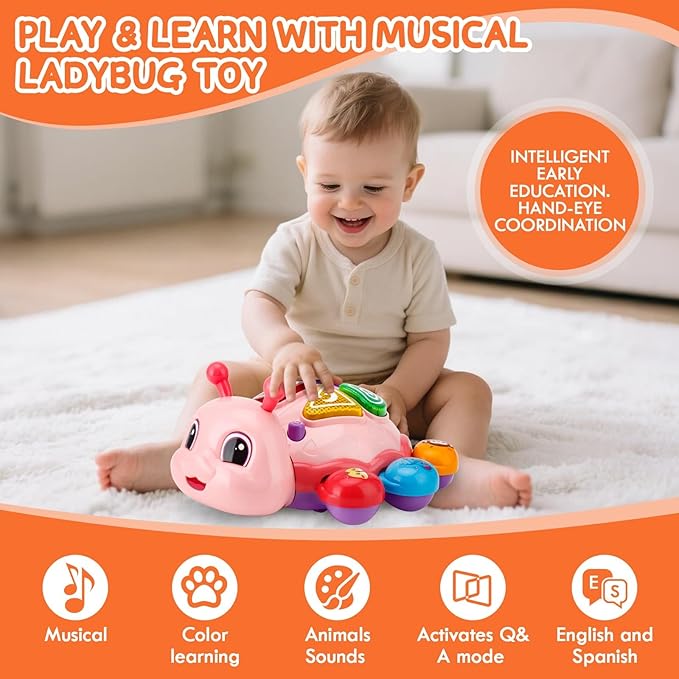 Baby Toys 6-12 Months, Crawling Musical Baby Toy with Obstacle Avoidance, Lights & Music, Interactive Tummy Time Learning Toy with Animal Sounds, English Spanish Developmental Gift for Boys & Girls