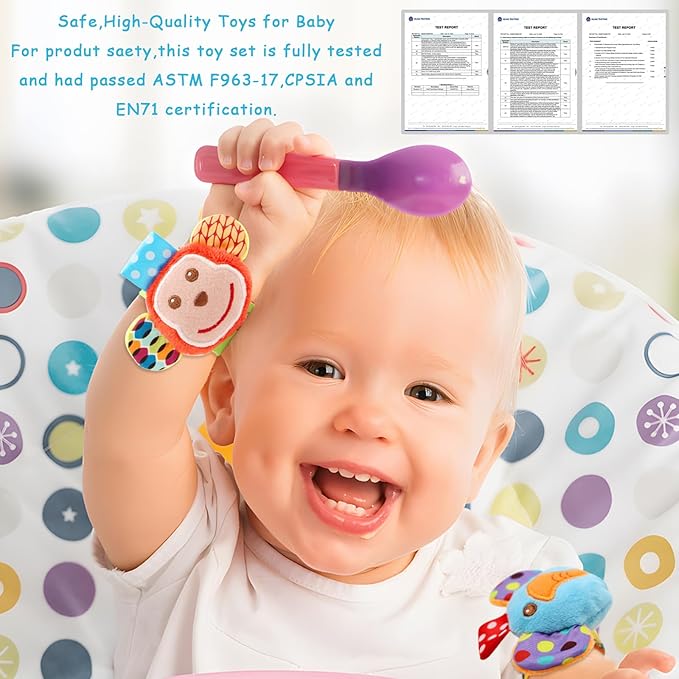Infant Rattle Toys 0 to 3 Years, Baby Wrist Rattle Foot Finder Socks Set, Birthday Holiday Present for Newborn Boy Girl 0/3/4/6/7/8/9/12/18/24/36 Months Kids Toddler, Gift Box Package (4A-Pink)