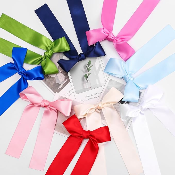 2-Pack Long Satin Ribbon Hair Bows for Girls – Elegant Silk Hair Clips for Toddlers, Infants, Teens & Kids - Hot Pink