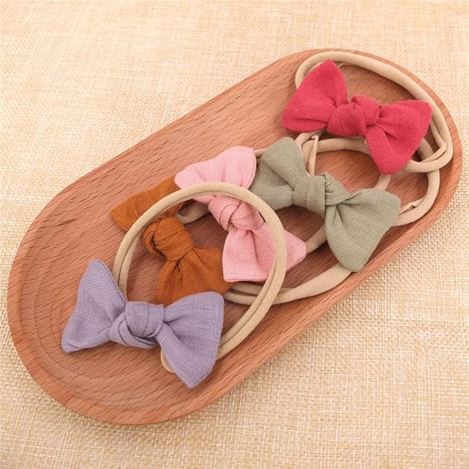 Sugarmelon Linen Bow Nylon Headband for Baby Toddler Newborn Infant Hair Bow Elastic Bands for Baby Girls Little Kids Headbands (Linen Mini bow 2.5'')