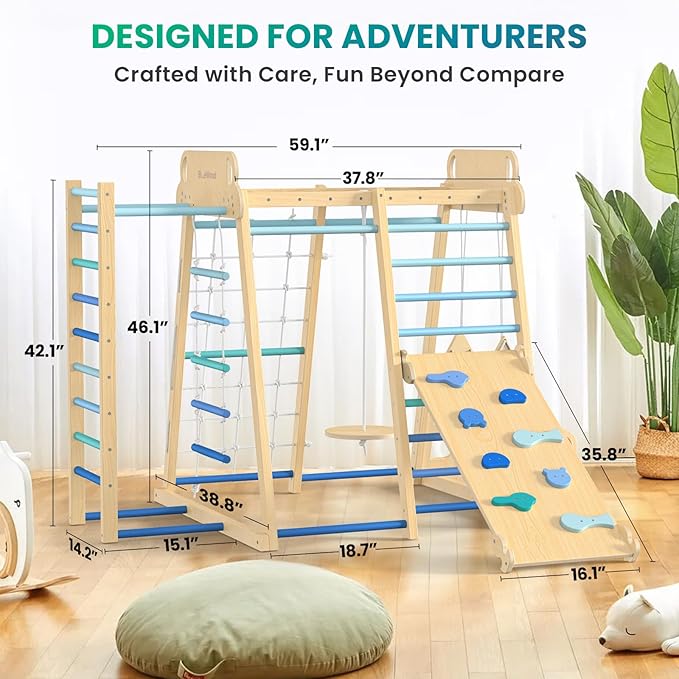BlueWood Upgraded Indoor Jungle Gym 9-in-1 Playground Kids Climbing Toys, Waldorf Style Wooden Climber Playset with Slide, Swing, Monkey Bars, Upright/Rope Ladder, Climb Net, Blue