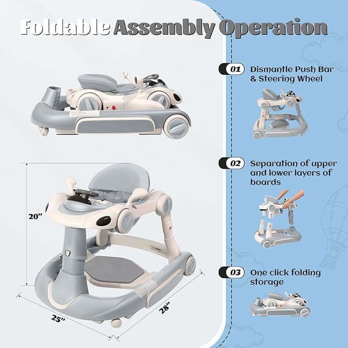 Baby Walker, 4-in-1 Baby Walker with Wheels Portable, Foldable Infant Toddler Walker for Boys Girls 6-18 Month,Removable Footrest,Car Steering Wheel & Music, Adjustable Push Walker Grey