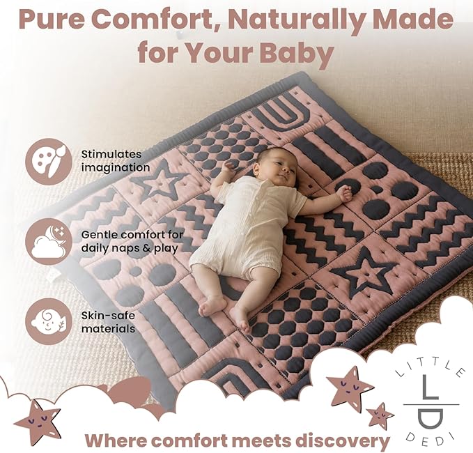 3D Soft Organic Cotton Crawling Blanket – GOTS Certified, 40x40 in Montessori Design for Motor Skill Development, Reversible, No Loose Threads – Washable & Sustainable