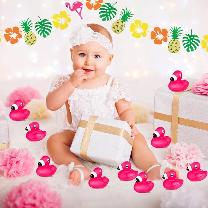 Flamingo Rubber Duckies for Kids, 24PCS Pink Flamingo Duck Bath Toys Cute Floating Squeaky Mini Rubber Ducks for Baby Shower, Cake Decoration, Classroom Carnival Prizes