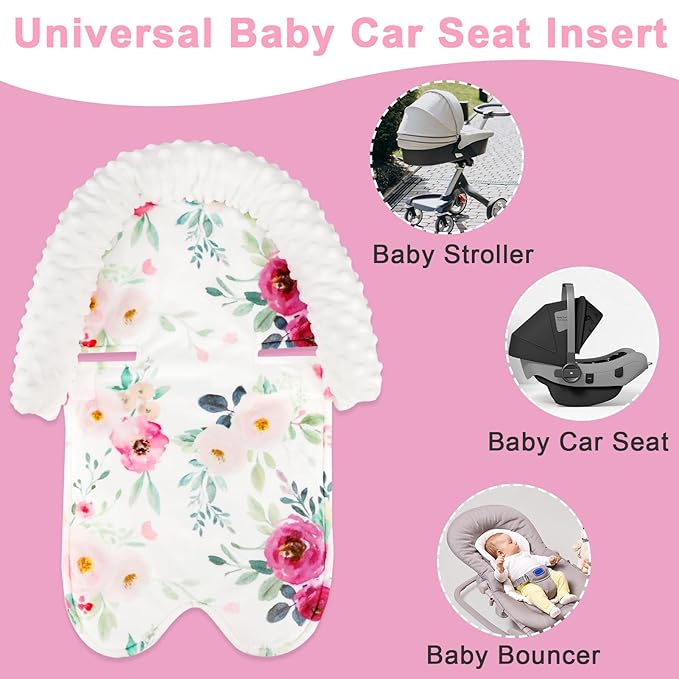 TANOFAR Baby Car Seat Insert and Strap Covers, Gray Carseat Head Support for Girls, Soft Unisex Cushion Fit for Car Seats, Stroller, Bouncers, (Flower)