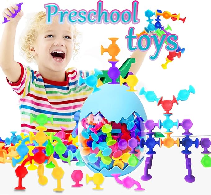 100pcs Suction Bath Toys for Kids, Easter Stocking Stuffers Silicone Construction Building Blocks Montessori Sensory Toy for 3 4 5 6 7 8 Years Old Toddlers Boys Girls with Egg Storage