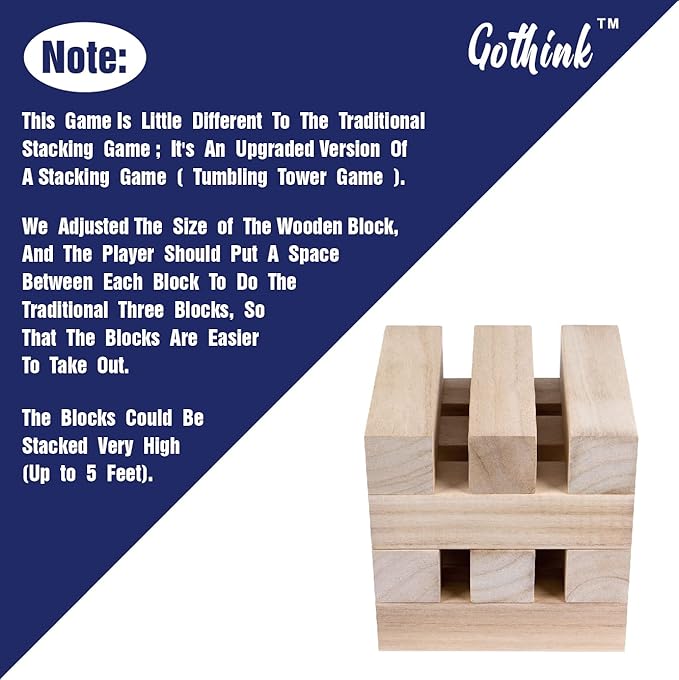GOTHINK Giant Tumbling Tower Game, Super Large 51pcs Wooden Blocks Stacking Game, Stacking Up to 5.5 Feet, Timber Blocks with Carry Bag, Jumbo Blocks Outdoor Indoor Game Toy Gift for Kids and Adults