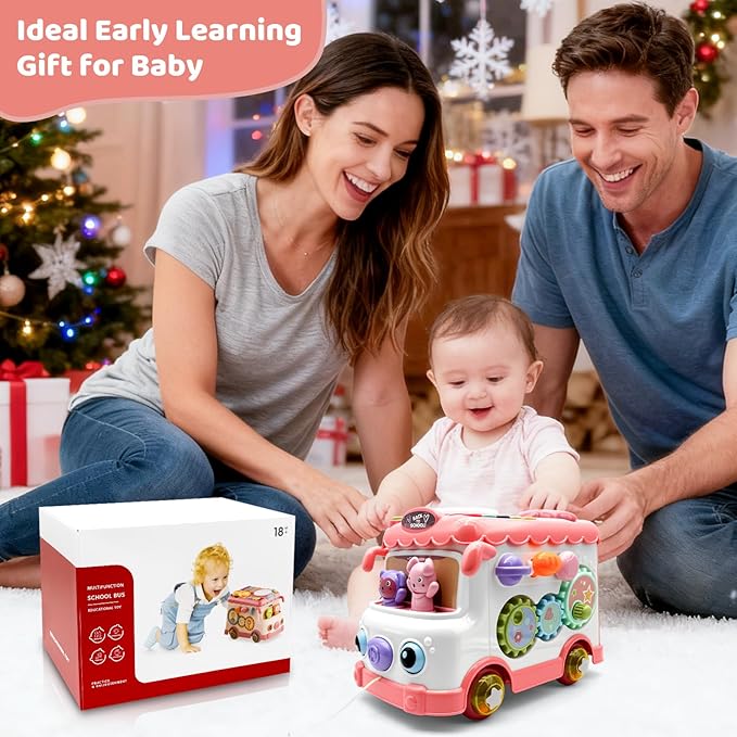 Baby Bus Toy for 1 Year Old Girl Gifts, Montessori Musical Bus Toy for Baby 12-18 Months, Baby Piano Drums for Toddlers 1-3, Shape Sort Toys 1st Birthday Gifts for Girls