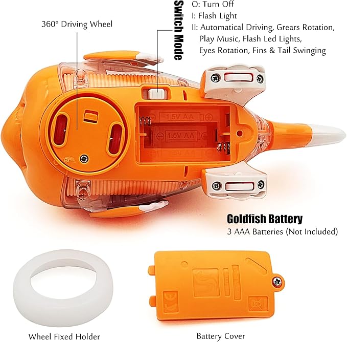 Tipmant Cute Electric Fish Toy Electronic Goldfish Animal Vehicle Car Auto Driving, Transparent Gears, Music, Luminous Lights, Baby Toddler Kids Birthday Gifts