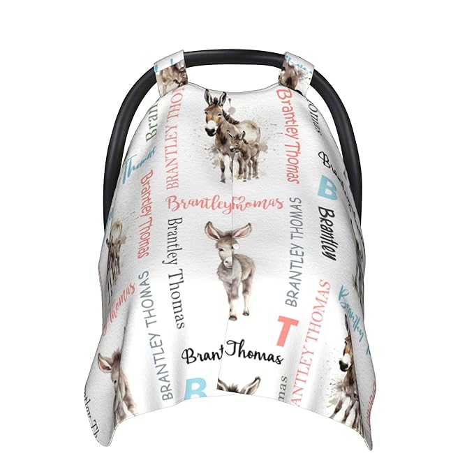 Custom Baby Car Seat Canopy Personalized Car Seat Covers with Name for Baby Boys Girls Customized Donkey Nursing Breastfeeding Cover Infant Carseat Canopies Newborn Minky Baby Blanket