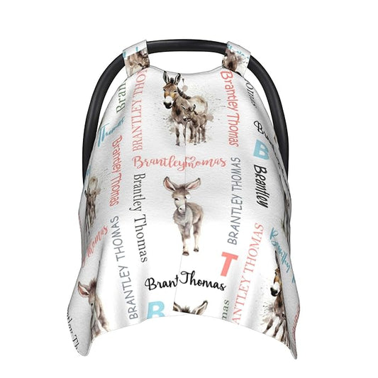Custom Baby Car Seat Canopy Personalized Car Seat Covers with Name for Baby Boys Girls Customized Donkey Nursing Breastfeeding Cover Infant Carseat Canopies Newborn Minky Baby Blanket